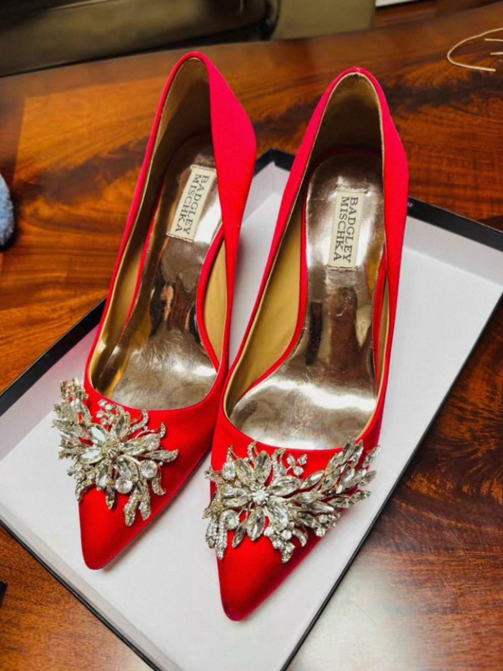 Badgley Mischka Red Satin Crystal-Embellished Pointed Toe Pumps